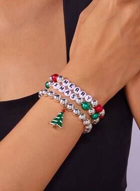 跨境新款圣诞组合纸卡手链百搭创意圣诞节字母圣诞树串珠组合手链