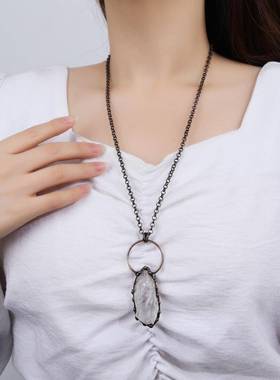 一条复古风天然紫晶白水晶黄水晶绿萤石原石吊坠项链女士派对礼物