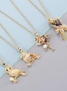 跨境热卖新款太阳鸟项链女欧美百搭小鸟吊坠滴油彩色锆石饰品