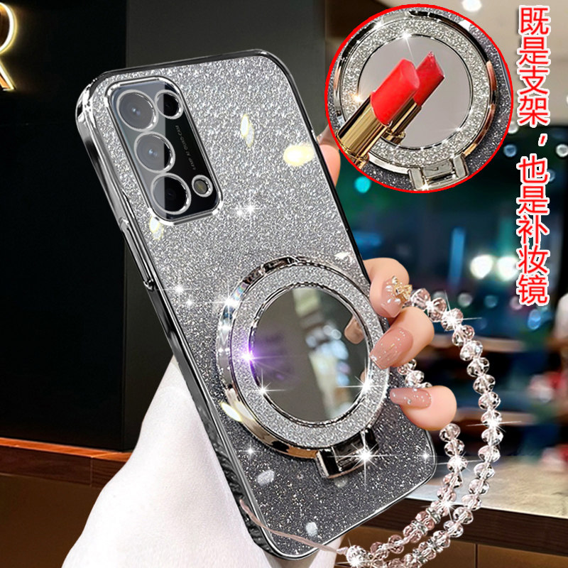 OPPOreno5手机壳Reno5K女潮PEGM10新款Oppo闪粉高级电镀软壳0PP0rno5全包镜头opopreno5pro曲屏PRO网红补妆镜