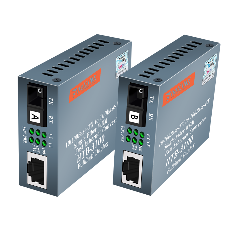Netlink光纤收发器HTB-3100A-25km单纤单芯单口SC25公里百兆HTB-3100B转RJ45安防监控局域网Fiber Converter - 图1