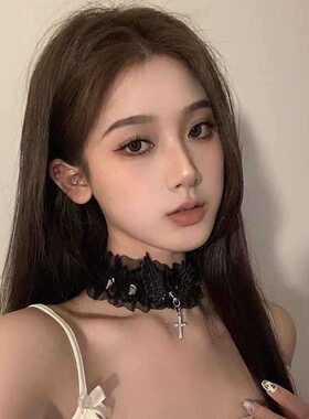 原宿choker颈链女蕾丝花边天使翅膀十字架铆钉y2k项圈项链锁骨链