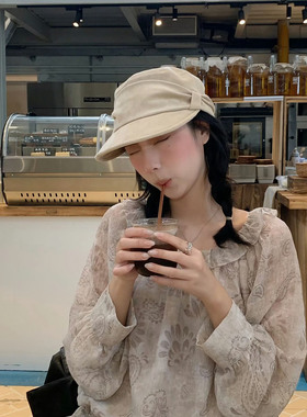 秋冬新款麂皮绒马术帽女褶皱温柔风米色报童帽百搭文艺复古帽子潮