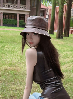 春秋新款韩版皮质渔夫帽女大檐百搭显脸小时尚冬天气质咖色盆帽子