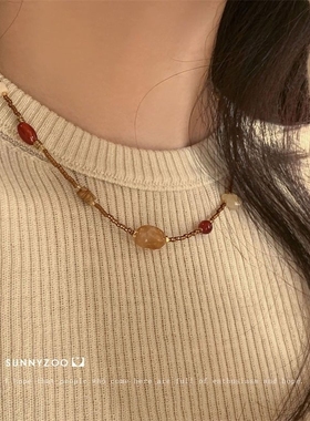 节日狂想 美拉德复古vintage天然石拼接串珠项链小众设计感锁骨链