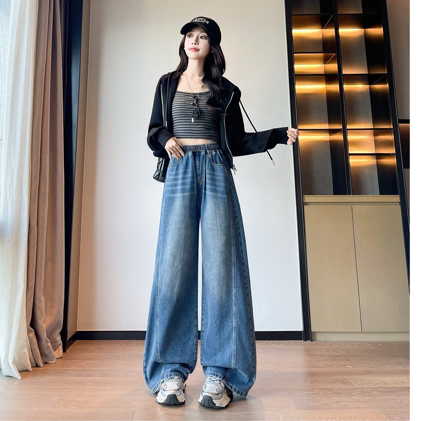 胖MM遮肉显瘦牛仔长裤女2025秋季新款松紧腰提臀收腹直筒阔腿裤子,淘宝优惠券,粉丝福利购,淘宝优惠卷