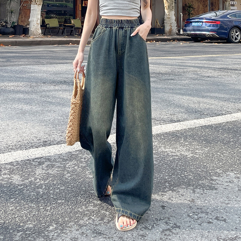 大码女装松紧腰蓝色阔腿牛仔裤春秋季胖mm遮肉显瘦宽松休闲拖地裤,淘宝优惠券,粉丝福利购,淘宝优惠卷