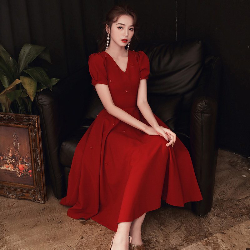 酒红色小个子新娘平时可穿敬酒服 京城秀女装礼服/晚装