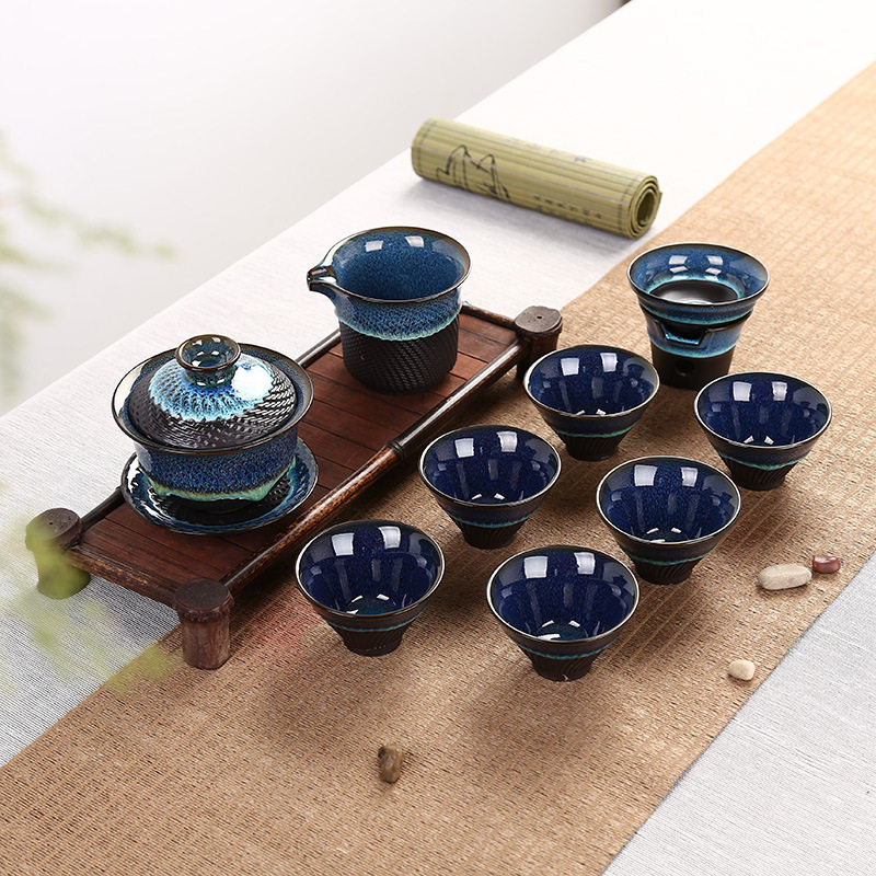 Lian Zong Jingdezhen Tianmu Glazed Jianzhan Kiln Transformed Jumping Knife Kung Fu Tea Set Ceramic Gift Customization