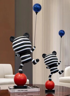 现代简约条纹气球熊摆件卡通雕塑样板房客厅落地大堂轻奢树脂饰品