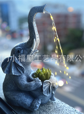 新品母子象多肉花盆带太阳能流水灯四彩色户外花园庭院装饰灯