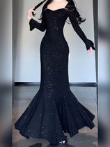 Large code style advanced sensual step birth lotus long sleeve dress with dress female autumn and winter temperament a hip and hip fish tail dress