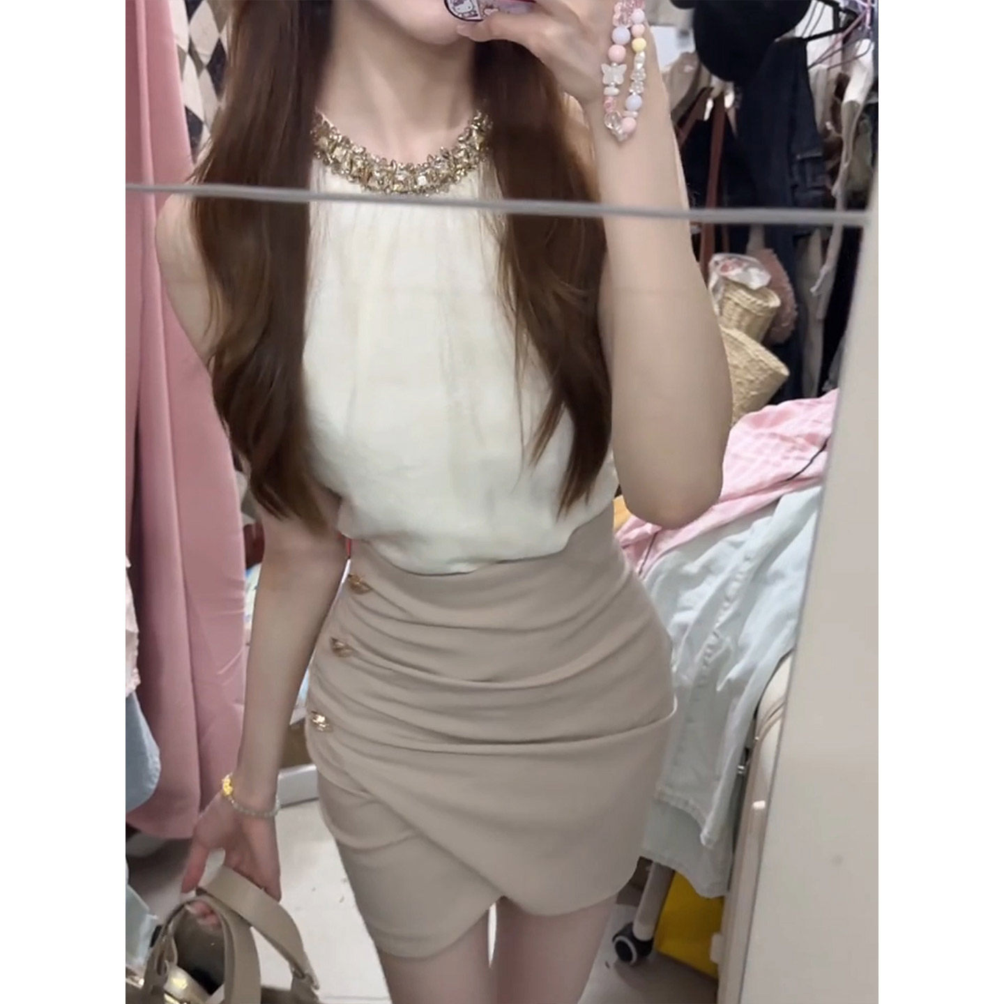 XZY 微胖温柔千金风镶钻雪纺无袖上衣女25年夏季高腰包臀半裙套装,淘宝优惠券,粉丝福利购,淘宝优惠卷