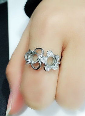 S925纯银戒指空托时尚女款圆珠蛋面爪镶DIY蜜蜡琥珀松石开口托6*6