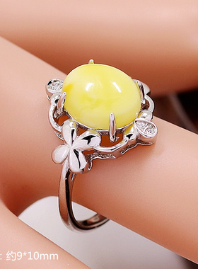 S925纯银戒指空托时尚女款定制宝石DIY蜜蜡松石琥珀活口镶嵌9*10