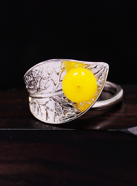 大业纯银蜜蜡蓝珀镶嵌戒指空托