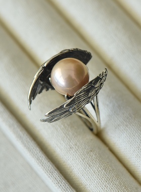 女款S925纯银圆珠镶嵌托戒指空托