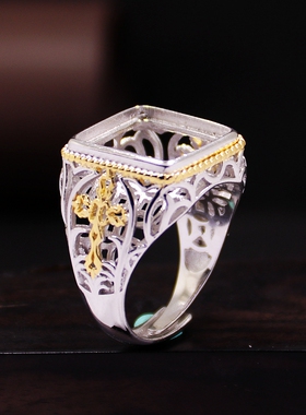 纯银戒指空托方形琥珀镶嵌S925