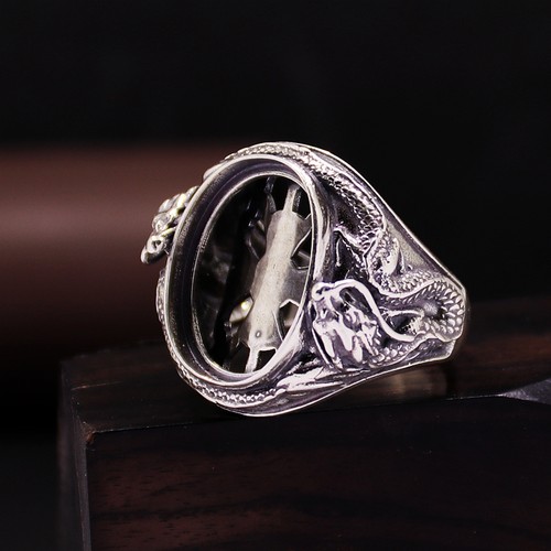 S925纯银戒指空托霸气男款封底双龙戏珠DIY蜜蜡松石玉石镶嵌16*21 - 图0