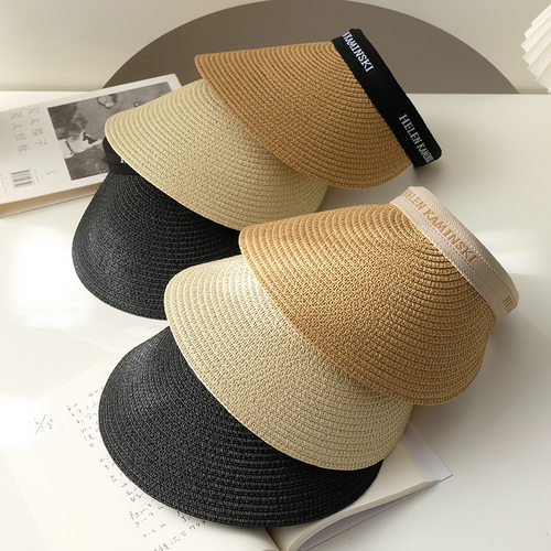 夏季大檐宽檐防晒帽骑车户外遮阳帽子女时尚空顶帽百搭草编太阳帽 - 图1