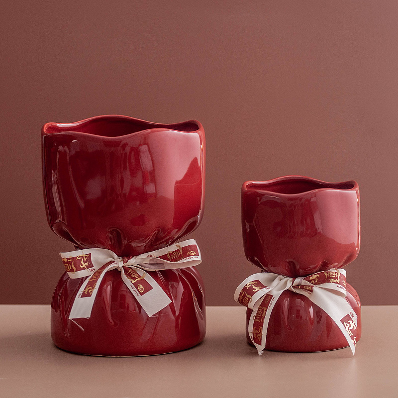 创意红色陶瓷花瓶水培植物干花鲜花插花花瓶客厅桌面玄关装饰摆件 - 图0