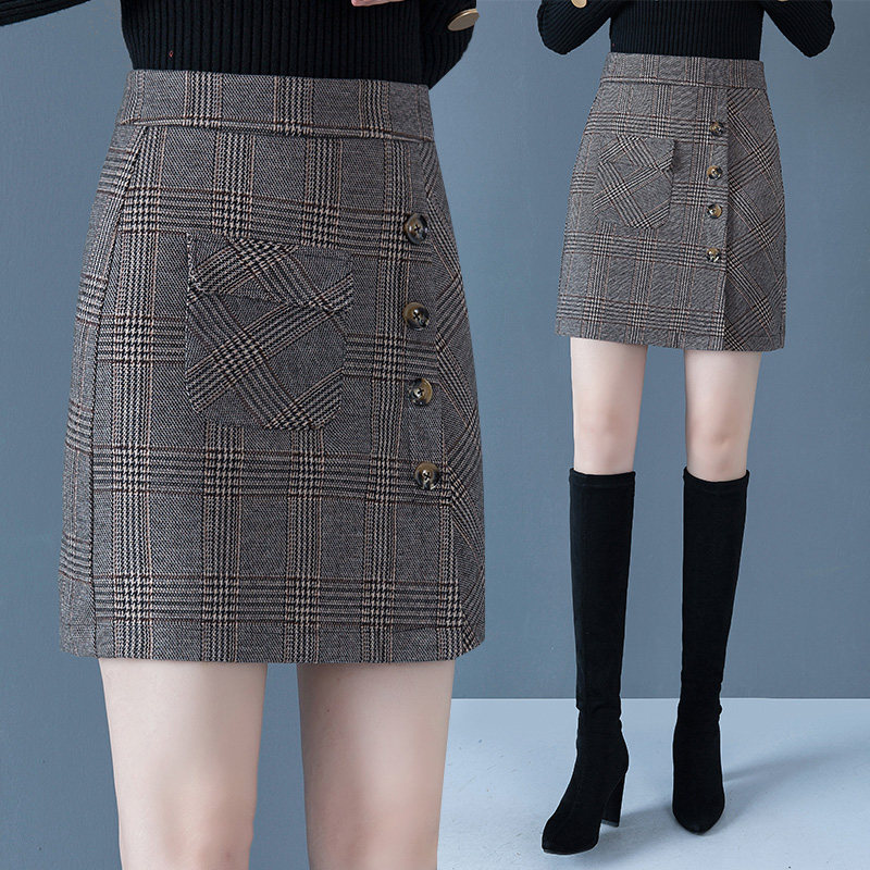 格子秋冬毛呢a字2020新款半身裙 时雁半身裙