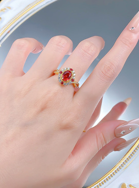 隆隆金 2025新品S925银6*8mm仿真鸽血红椭圆戒指宫廷中古风直播