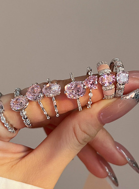 跨境直播S925纯银戒指女少女风轻奢高级感8A冰花切粉钻锆石银戒指