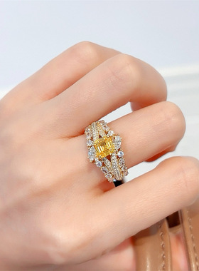 立体锦簇黄钻戒指S925银错臂环绕方形宝塔主钻戒指小红书抖音直播