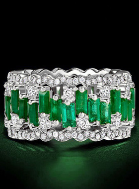 925银镀金戒指高碳钻祖母绿ArtDeco镂空富婆晚宴戒指番禺银饰