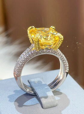 925银镀金黄钻大颗粒 厂家批发 满镶高碳钻 鹰爪K金 分色电镀戒指