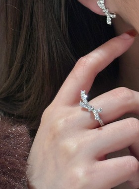 S925纯银闪耀立体蝴蝶结满闪钻戒指女丝带打结高级感钻戒小众设计