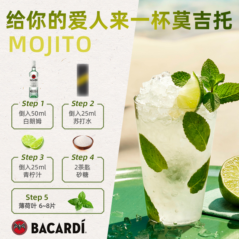 【官方直营】Bacardi百加得白朗姆酒洋酒烘培750ml基酒调酒莫吉托 - 图2