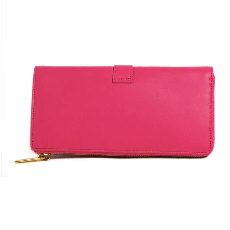 圣罗兰女士桃红色牛皮拉链开口钱包 丰尚海外女士包袋