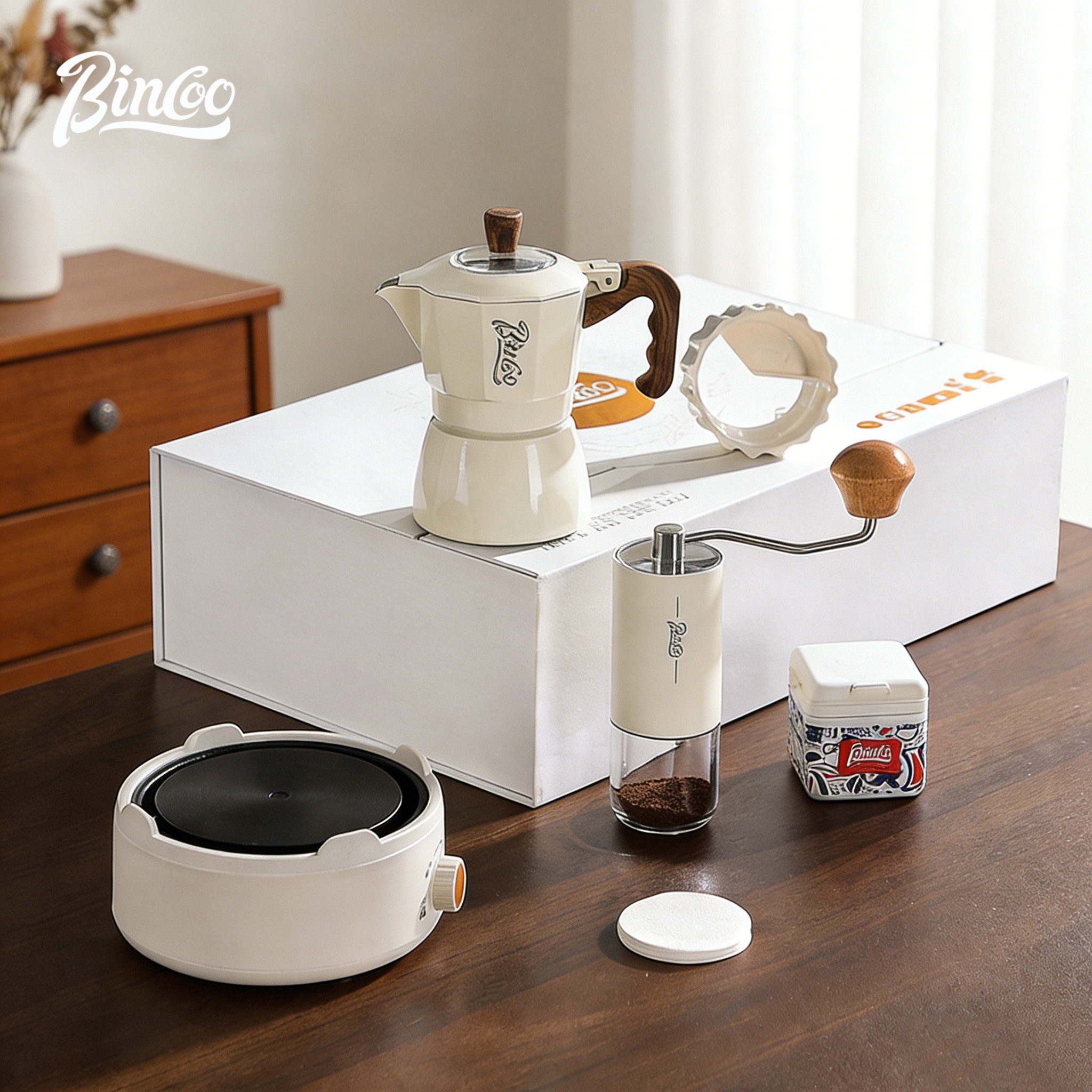 Bincoo摩卡壶双阀煮咖啡壶套装家用电炉手摇磨豆机意式浓缩咖啡机,淘宝优惠券,粉丝福利购,淘宝优惠卷