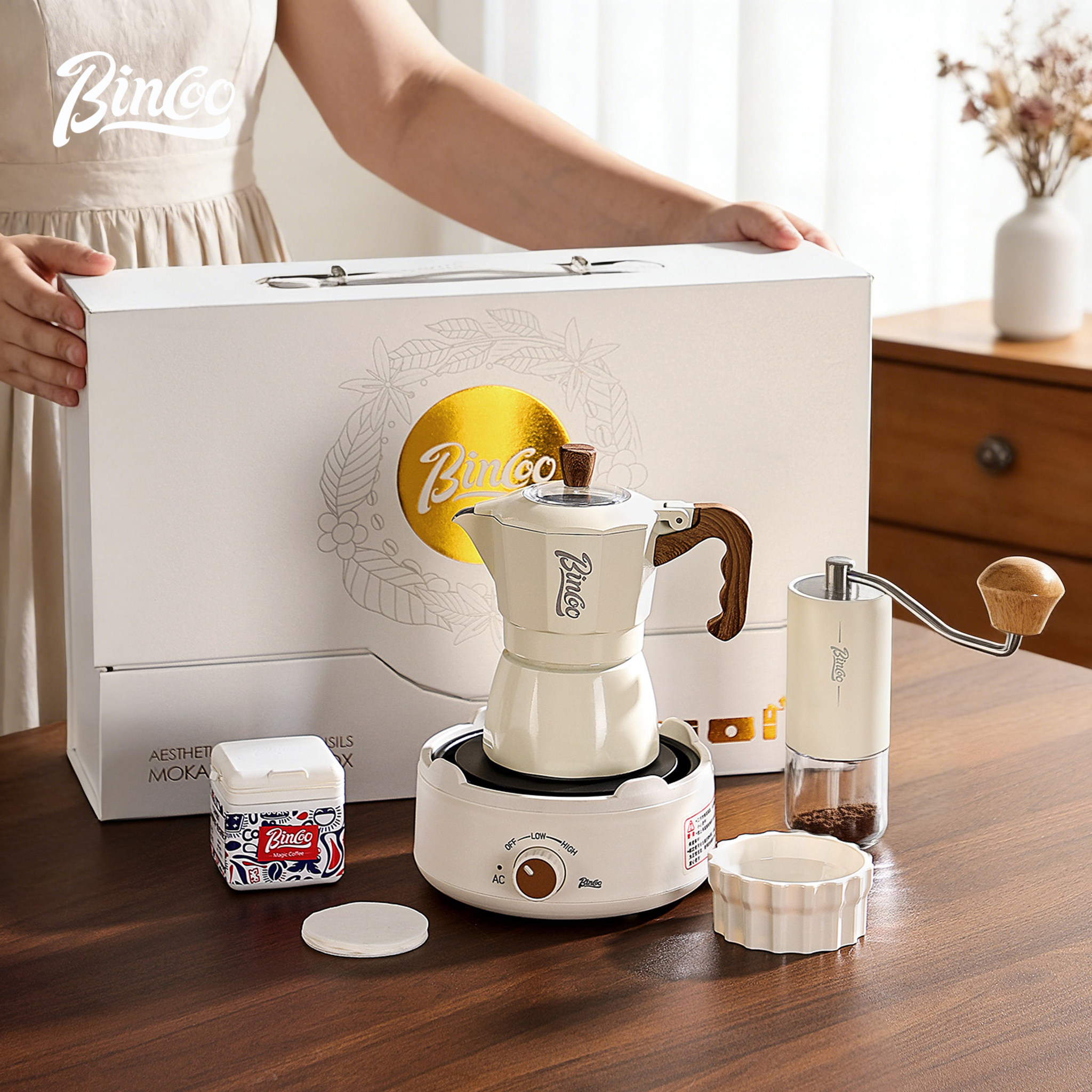 Bincoo摩卡壶双阀煮咖啡壶套装家用电炉手摇磨豆机意式浓缩咖啡机,淘宝优惠券,粉丝福利购,淘宝优惠卷