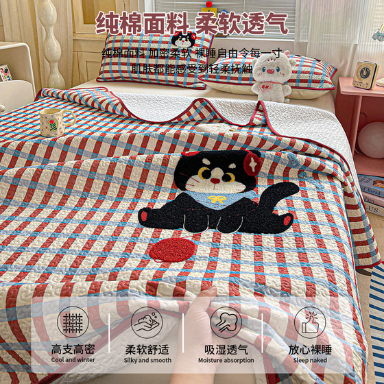Cartoon cotton pure cotton quilted bed cover single piece bed sheet tatami mattress non-slip kang cover three-piece set universal for all seasons