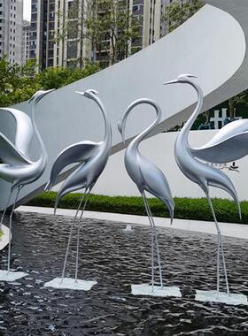 仿不锈钢仙鹤雕塑摆件售楼部水池造景白鹭丹顶鹤白天鹅装饰园林