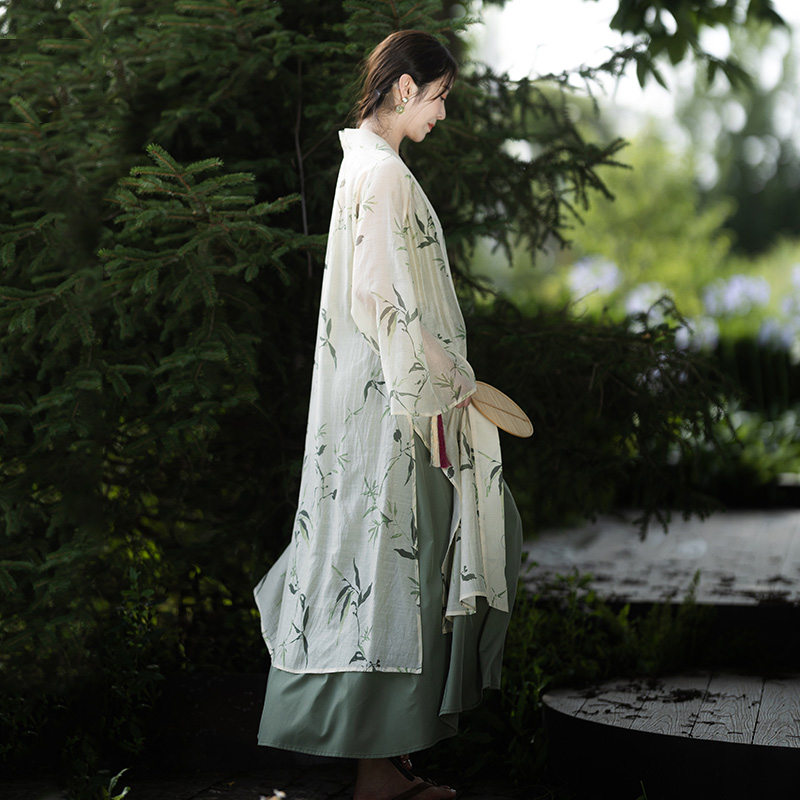 现货【竹枝词】夏季吊带连衣裙女系带长裙外搭改良长衫侧开叉 - 图0