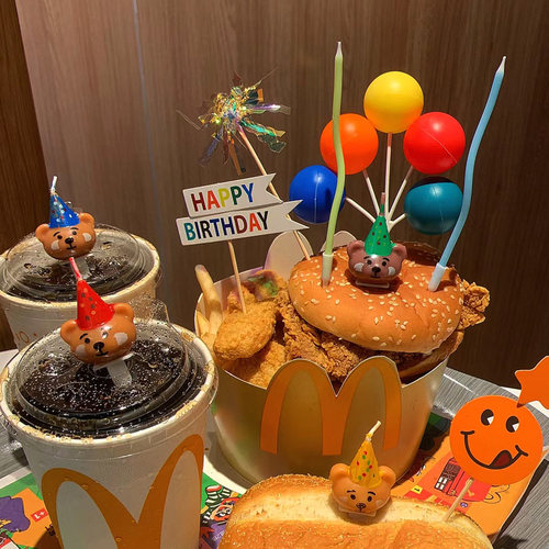 小红书同款麦当劳生日桶西瓜榴莲蛋糕装饰插牌网红小熊蜡烛摆件 - 图2