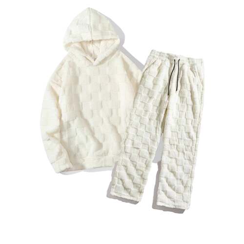 Two-piece Set Men's Thermal Lined Letter Embroidery Hoodie & - 图1