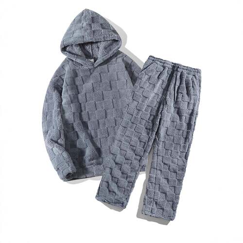 Two-piece Set Men's Thermal Lined Letter Embroidery Hoodie & - 图0