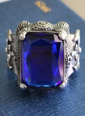 2026北欧黑曜石宝石男士戒指蓝色暗黑之魂祖母绿单身钛钢玛瑙做旧