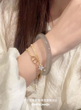 2026天然冰种烟灰色玛瑙玉髓手镯高级灰玉镯子百搭圆条少女玉石美