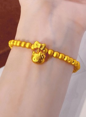 2026古法沙金弹力5M蝴蝶结凯蒂猫手链 轻奢KT猫头转运珠手串久不