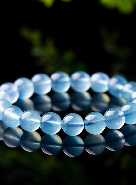 2026天然水晶海蓝宝手链 魔鬼蓝冰种海蓝宝原石单圈蓝色珠子 简约