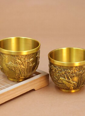 2026黄铜浮雕山水杯复古千里江山杯摆件供奉财神爷杯子供佛水杯摆