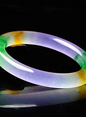 2026冰种三彩福禄寿玉手镯女款石英岩玉圆条三色玉镯翠绿色玉镯子