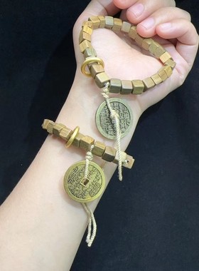 2026天然黑檀木方糖绿檀木方块珠搭配合金山鬼铜钱手串时尚文玩手