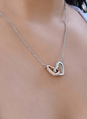 2026心心相连项链不锈钢心形镶钻吊坠节日礼物项链女士双爱心镶钻